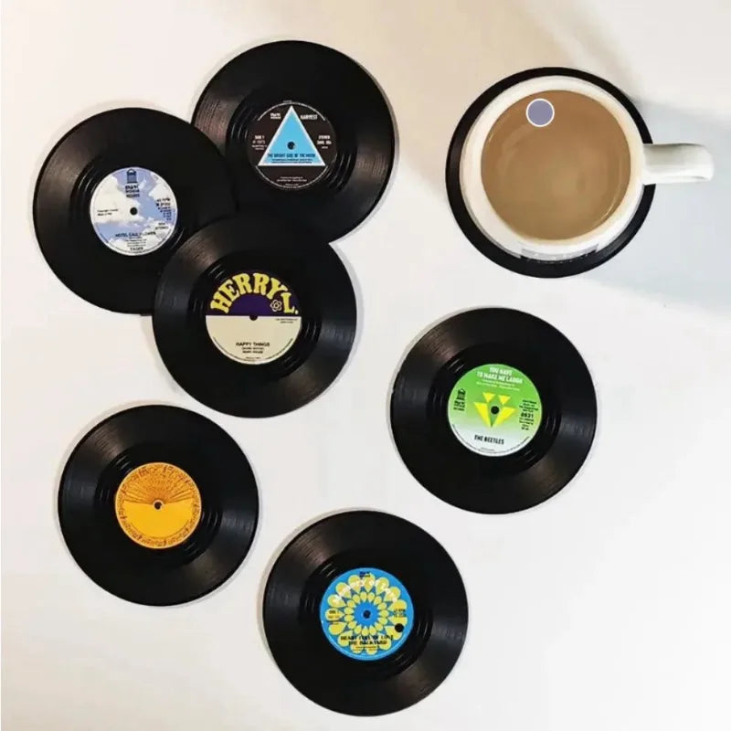 Vinyl Record Coasters for Drinks Music Coasters with Vinyl Record Player Holder - Set of 6 Coaster Mug Pads