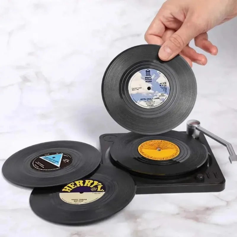 Vinyl Record Coasters for Drinks Music Coasters with Vinyl Record Player Holder - Set of 6 Coaster Mug Pads
