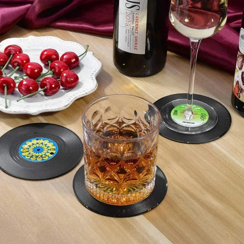Vinyl Record Coasters for Drinks Music Coasters with Vinyl Record Player Holder - Set of 6 Coaster Mug Pads