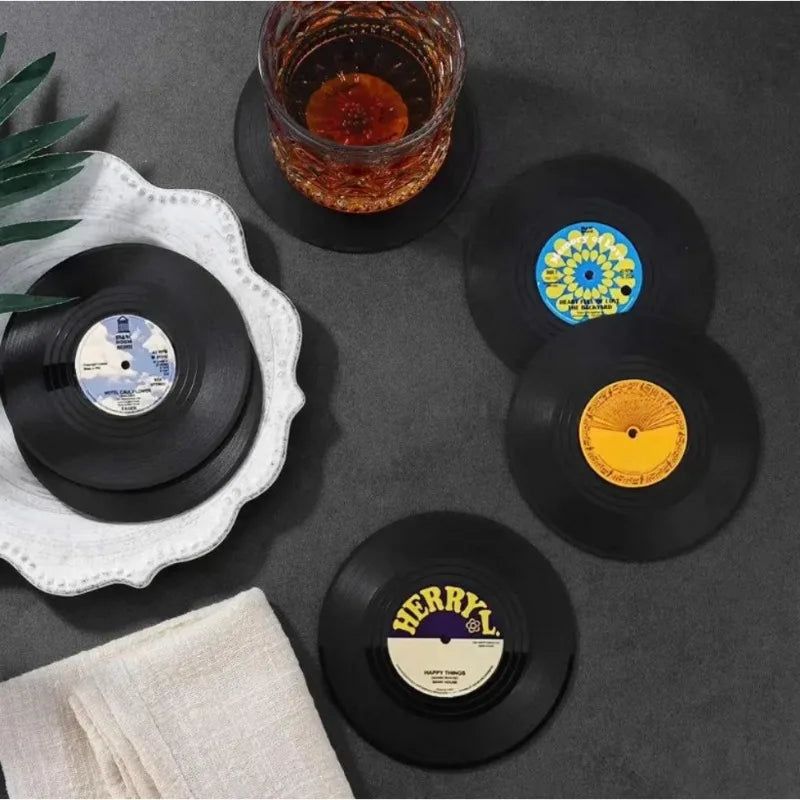 Vinyl Record Coasters for Drinks Music Coasters with Vinyl Record Player Holder - Set of 6 Coaster Mug Pads