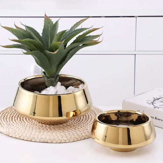 European Golden Vase Big Mouth Flower Arranging Succulent Flower Pot Tabletop Decoration Living Room Art Deco Vase Decoration