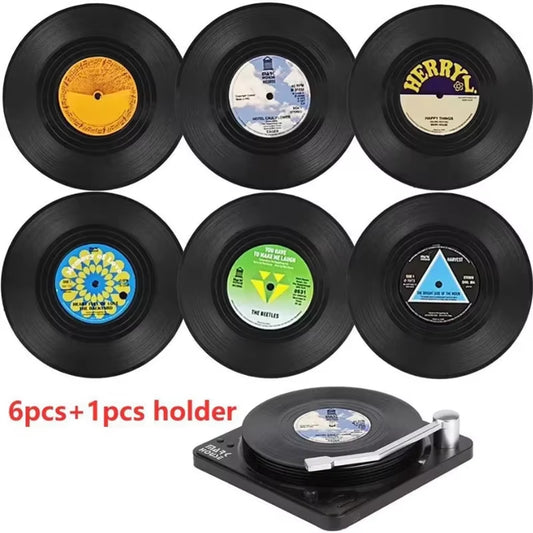 New Set of 6 Vinyl Coasters for Drinks Music Coasters with Vinyl Record Player Holder Retro Record Disk Mat Coaster Mug Pads
