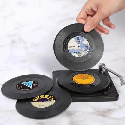  Vinyl Record Coasters for Drinks Music Coasters with Vinyl Record Player Holder - Set of 6 Coaster Mug Pads